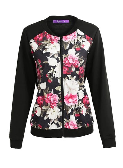 Buy Floral Printed  Zipper Long Sleeve Jacket With Pockets Black in UAE