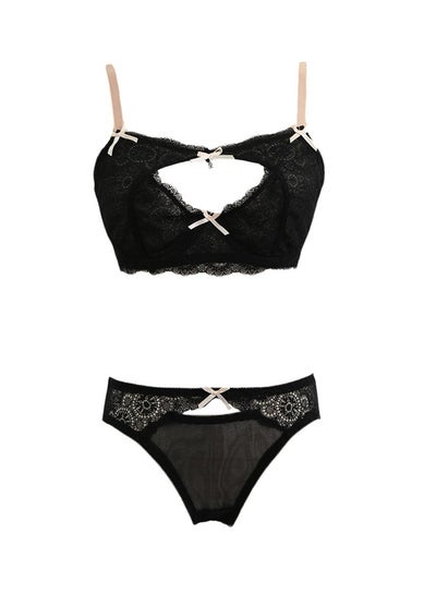 Buy Sheer Lace Cut Out Bow Bikini Set Black in UAE