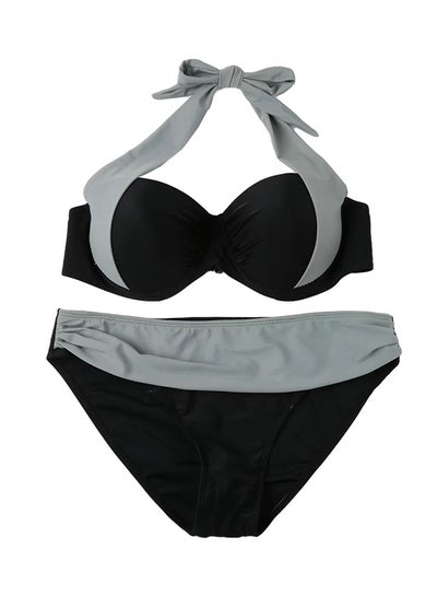 Buy 2-Piece Polyester Bikini Set Grey/Black in UAE