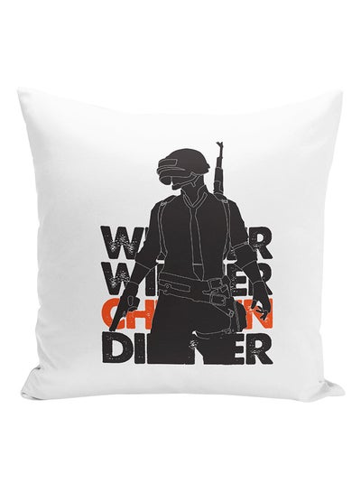 Buy Winner Winner Chicken Dinner Printed Cushion White/Black/Orange 16x16inch in UAE