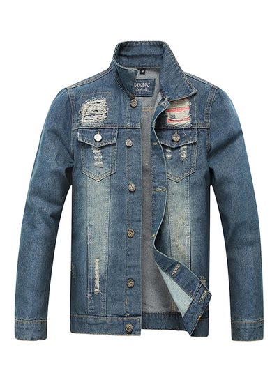 Buy Collared Neck Long Sleeve Jacket Blue in UAE