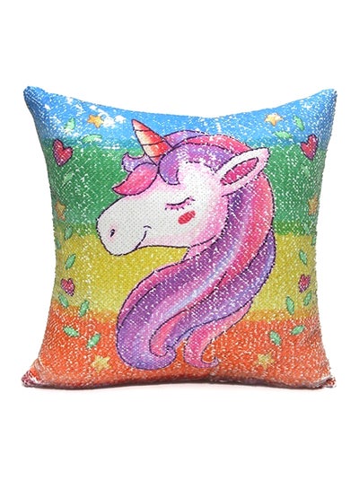 Buy Reversible Sequin Cartoon Unicorn Printed Sofa Car Bed Chair Pillow Cover Multicolour 120grams in UAE