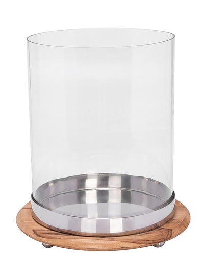 Buy Candle Holder With Wooden Base Clear 25x25x29cm in Saudi Arabia