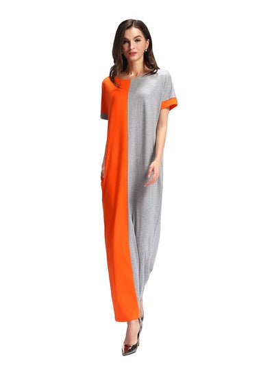 Buy Round Neck Maxi Nightdress Orange/Grey in UAE