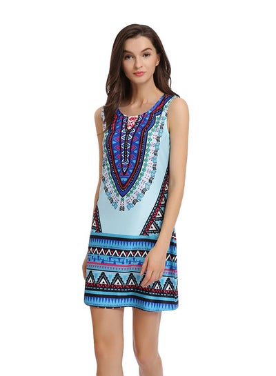 Buy Round Neck Printed Mini Dress Multicolour in UAE