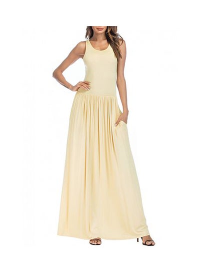 Buy Sleeveless Racer Back Maxi Gown With Pleated Pocket Beige in UAE