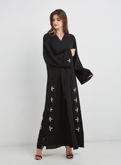 Buy Leaf Embroidered Abaya Black in UAE