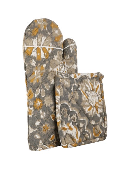 Buy Cotton Pot Holder And Glove Set Grey/Brown/Yellow in UAE