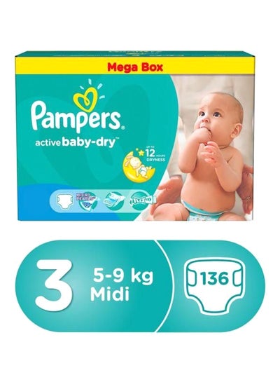 Buy Active Baby-Dry Diapers, Size 3, Midi, 5-9 Kg, Mega Box, 136 Count in Saudi Arabia