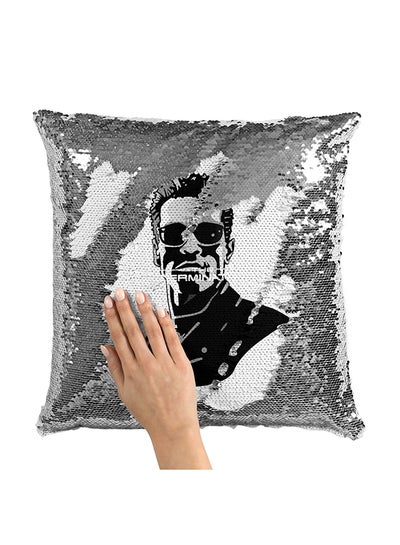 Buy Arnold Face Sequin Throw Pillow With Stuffing Polyester Grey 16x16inch in UAE