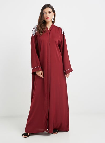 Buy Beaded Leafy Detail Abaya Red in UAE