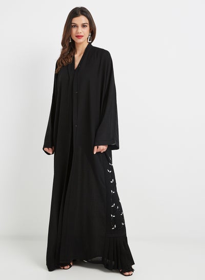 Buy Pleated Hem Embroidered  Abaya Black in UAE