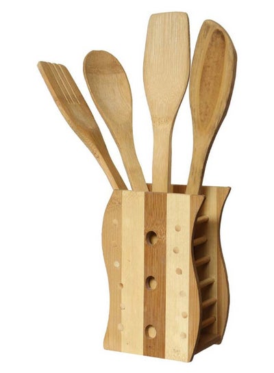 Buy 5-Piece Wooden Cutlery Set With Spoon Holder Beige/Brown 8 x 14centimeter in Saudi Arabia