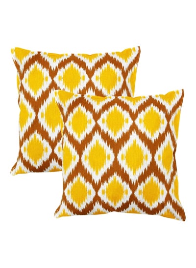 Buy 2-Piece Printed Cushion Cover Brown/White/Yellow 16X16inch in Saudi Arabia