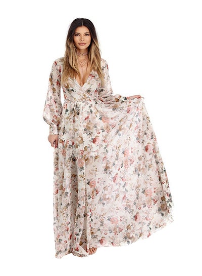 اشتري Long Sleeve Floral Printed Boho Maxi Dress Beige بيج في الامارات