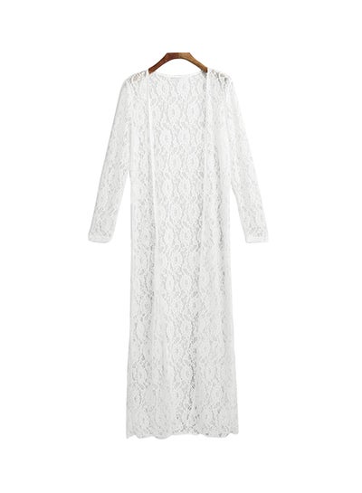 Buy Floral Lace Semi Sheer Front Open Beach Cover Up Cardigan Kimono White in UAE