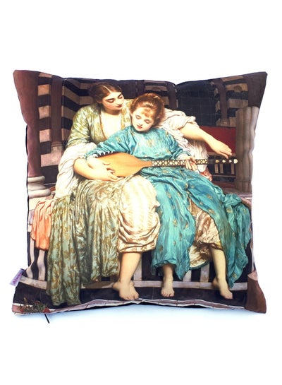 Buy Mother And Daughter Playing Musical Instrument Print Cushion Cover Multicolour 40x40cm in UAE