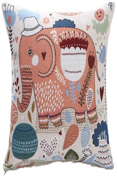 Buy Elephant Printed Cushion Cover linen White/Brown/Blue 45x45cm in UAE