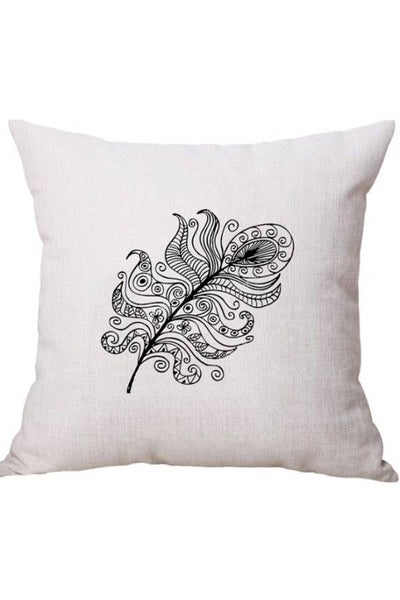 Buy Feather Printed Cushion linen Beige/Black in UAE