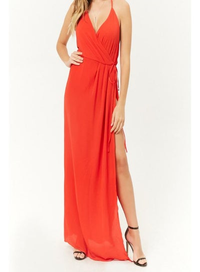 Buy Self Tie Halter Neck Maxi Dress Red in Saudi Arabia