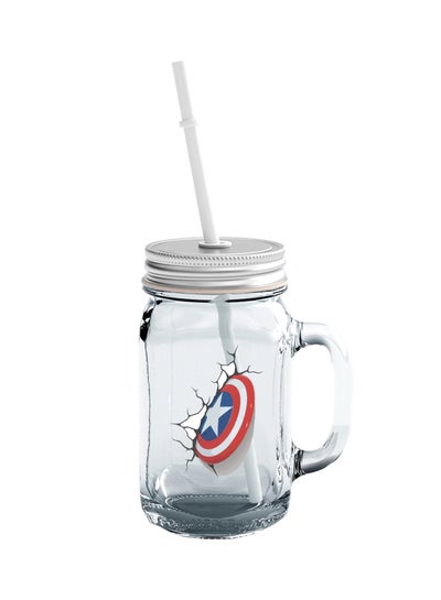 Buy Shield Captain America Theme Printed Mason Jar With Straw Clear/Blue/Red in UAE