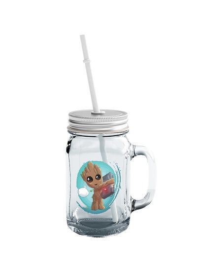 Buy Cute Groot Printed Mason Jar With Straw Clear/Silver/Blue in UAE