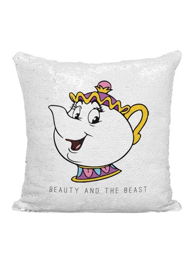 اشتري Beauty And The Beast Kettle Printed Sequined Throw Pillow فضي/أبيض/أصفر 16x16 بوصة في الامارات