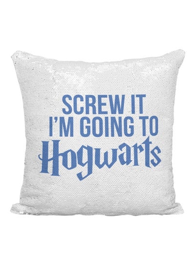 Buy Harry Potter Hogwarts Quote Printed Sequined Throw Pillow polyester Silver/White/Blue 16x16inch in UAE