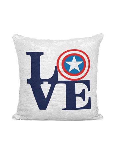 Buy Captain America Shield Printed Sequint Throw Pillow Silver/White/Blue 16x16inch in UAE