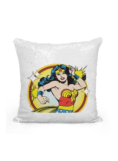 Buy Wonder Woman Sequined Throw Pillow Polyester Silver/Red/Yellow 16x16inch in UAE