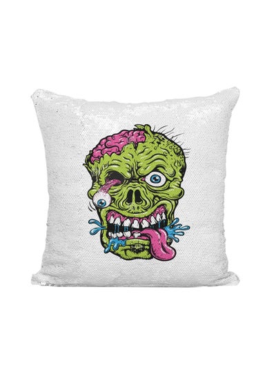 Buy Zombie Face Printed Sequined Throw Pillow Silver/White/Green 16x16inch in UAE