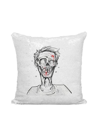 Buy Zombie Face Printed Sequined Throw Pillow polyester Silver/White/Black 16x16inch in UAE