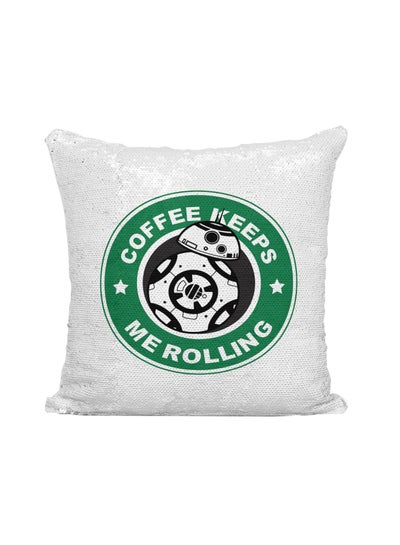 اشتري Starbucks Coffee Keeps Me Rolling Printed Sequined Throw Pillow فضي / أبيض/أخضر 16x16 بوصة في الامارات