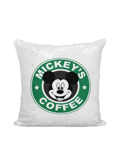 Buy Starbucks Mickey's Coffee Printed Sequined Throw Pillow Silver/White/Green 16x16inch in UAE