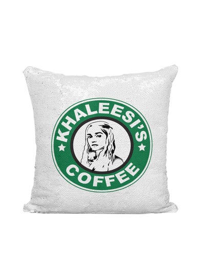 Buy Starbucks Khaleesi's Coffee Printed Sequined Throw Pillow Silver/White/Green 16x16inch in UAE