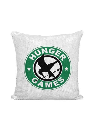 Buy Starbucks Hunger Games Printed Sequined Throw Pillow Silver/White/Green 16x16inch in UAE