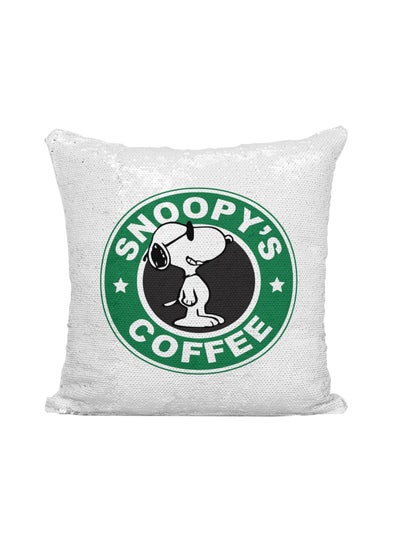 اشتري وسادة زينة مطرزة بالترتر ومطبوع عليها شعار ستاربكس وعبارة "Snoopy's Coffee" فضي / أبيض/أخضر 16x16بوصة في الامارات