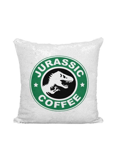 Buy Starbucks Jurassic Park Coffee Printed Sequined Throw Pillow Silver/White/Green 16x16inch in UAE