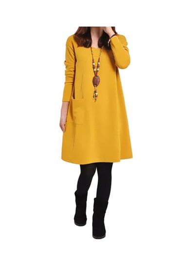 اشتري Long Sleeves Autumn Winter Dress أصفر في الامارات