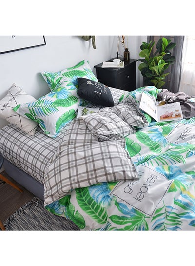 Buy 4-Piece Leaves Printed Bedding Set Polyester White/Grey/Green in UAE