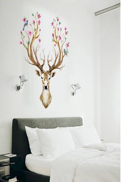 Buy DIY Sika Deer Head Flowers Wall Stickers For Living Room Art Vinyl Wall Decals For Kids Baby Home Decor Adesivo De Parede in UAE