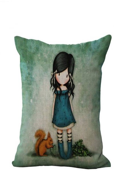 Buy Girl And Squirrel Cotton Pillow Home Decoration Cushion 45 X 45 Cm in UAE