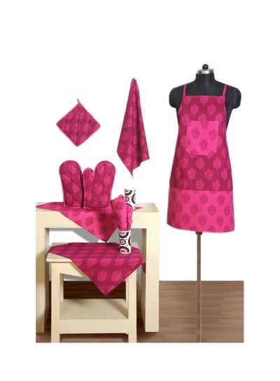 Buy 8-Piece Printed Cotton Apron Set Pink/Red in Egypt