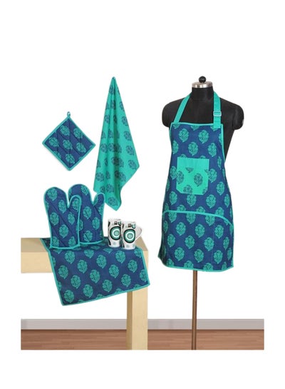 Buy 8-Piece Printed Cotton Apron Set Blue/Green in Egypt