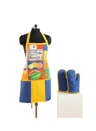 Buy 3-Piece Printed Cotton Apron Set Blue/Yellow/Red in Egypt