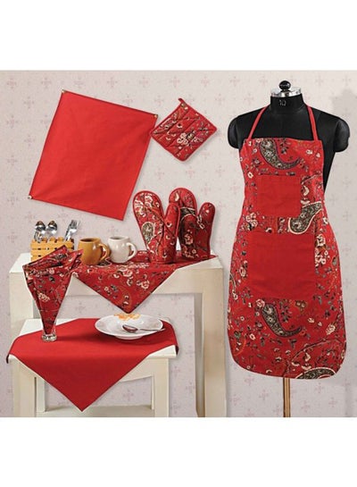 Buy 8-Piece Printed Cotton Apron Set Red/Black/White in Egypt