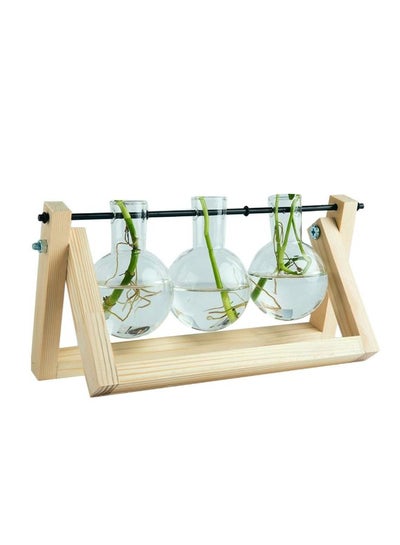 اشتري Glass Planter Bulb Vase with Retro Solid Wooden Stand and Metal Swivel Holder شفاف / بيج في الامارات