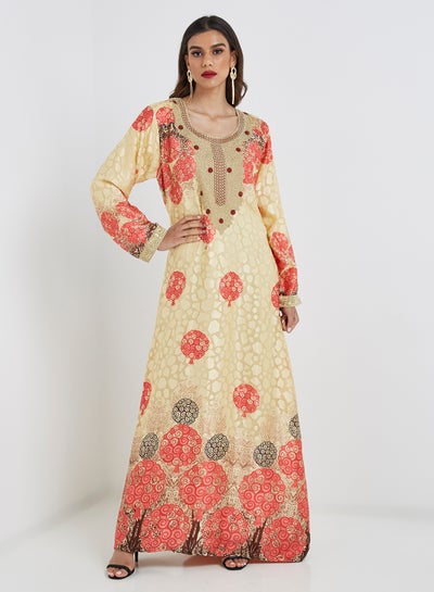 Buy Traditional Scoop Neck Jalabiya Gold/Red in UAE