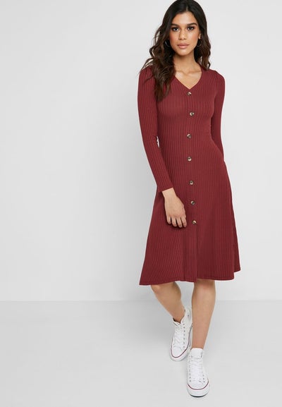 red button down midi dress