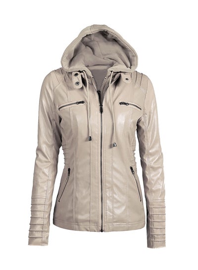 Buy Faux Leather Zippered Hoodie Beige in UAE